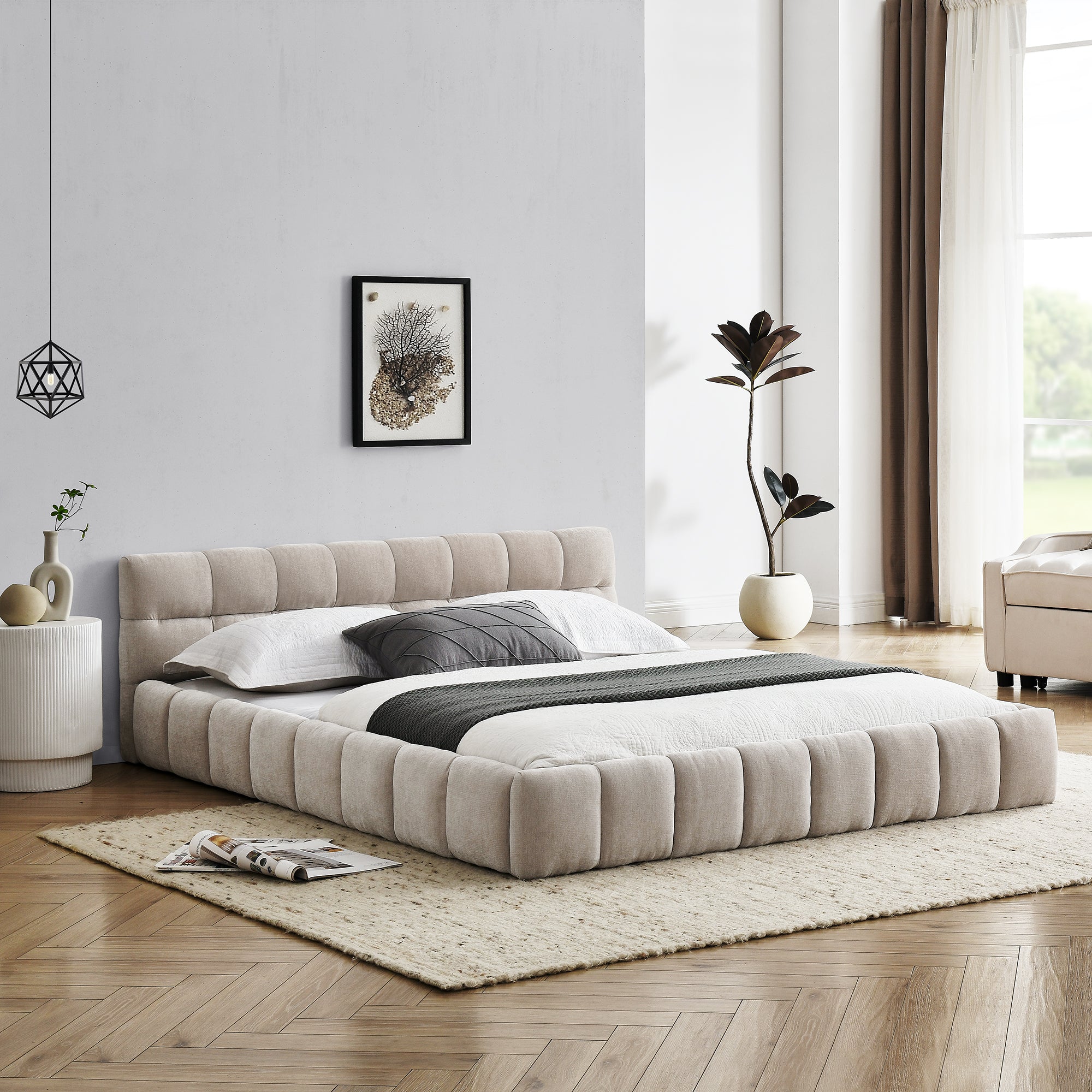 Modern Queen Size Upholstered Bed Frame with Headboard, Thick Chenille Fabric, Beige