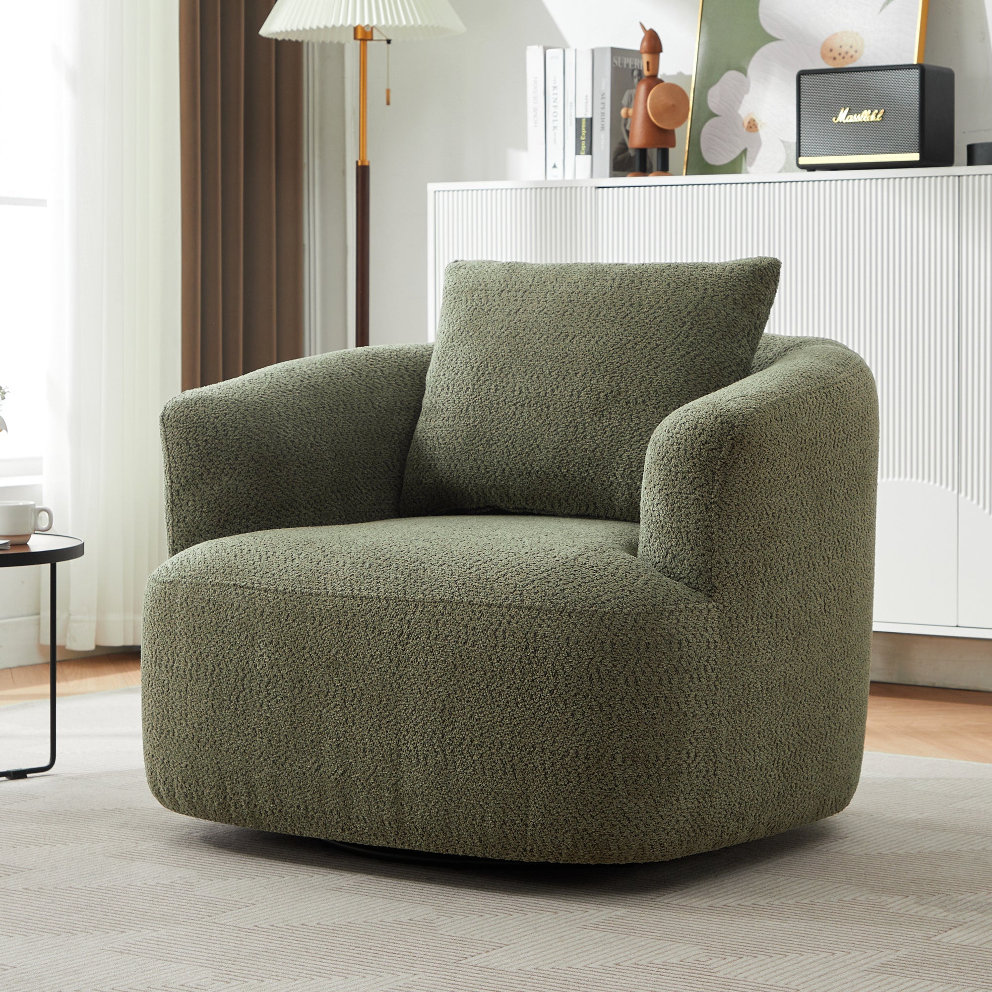360° Swivel Chair, Chenille Upholstered Barrel Sofa Chair with Throw Pillow, Green, 38.2' for Living Room, Bedroom, Office