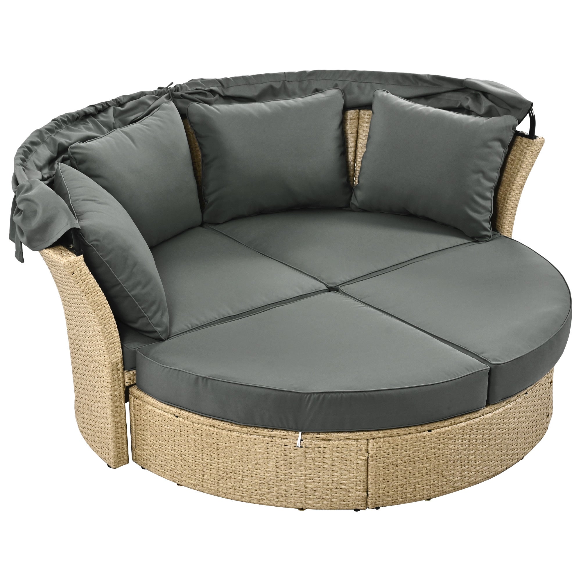 Outdoor Patio Daybed Wicker Rattan Double Daybed with Retractable Canopy, Grey, Polyester Upholstery, 71.7 x 63.4 x 62.2 inches