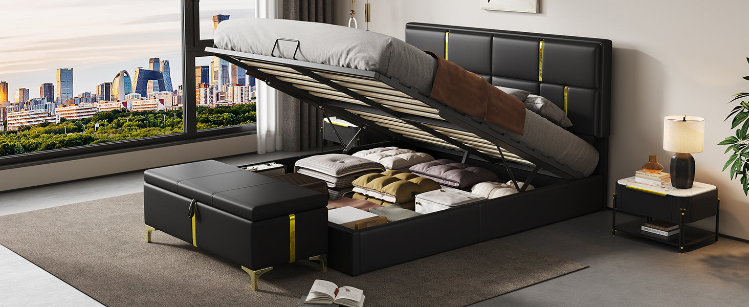 2-Pieces Bedroom Sets,Queen Size Upholstered Platform Bed with Hydraulic Storage System,Storage Ottoman with Metal Legs,Black(Old SKU:N733S207778B)