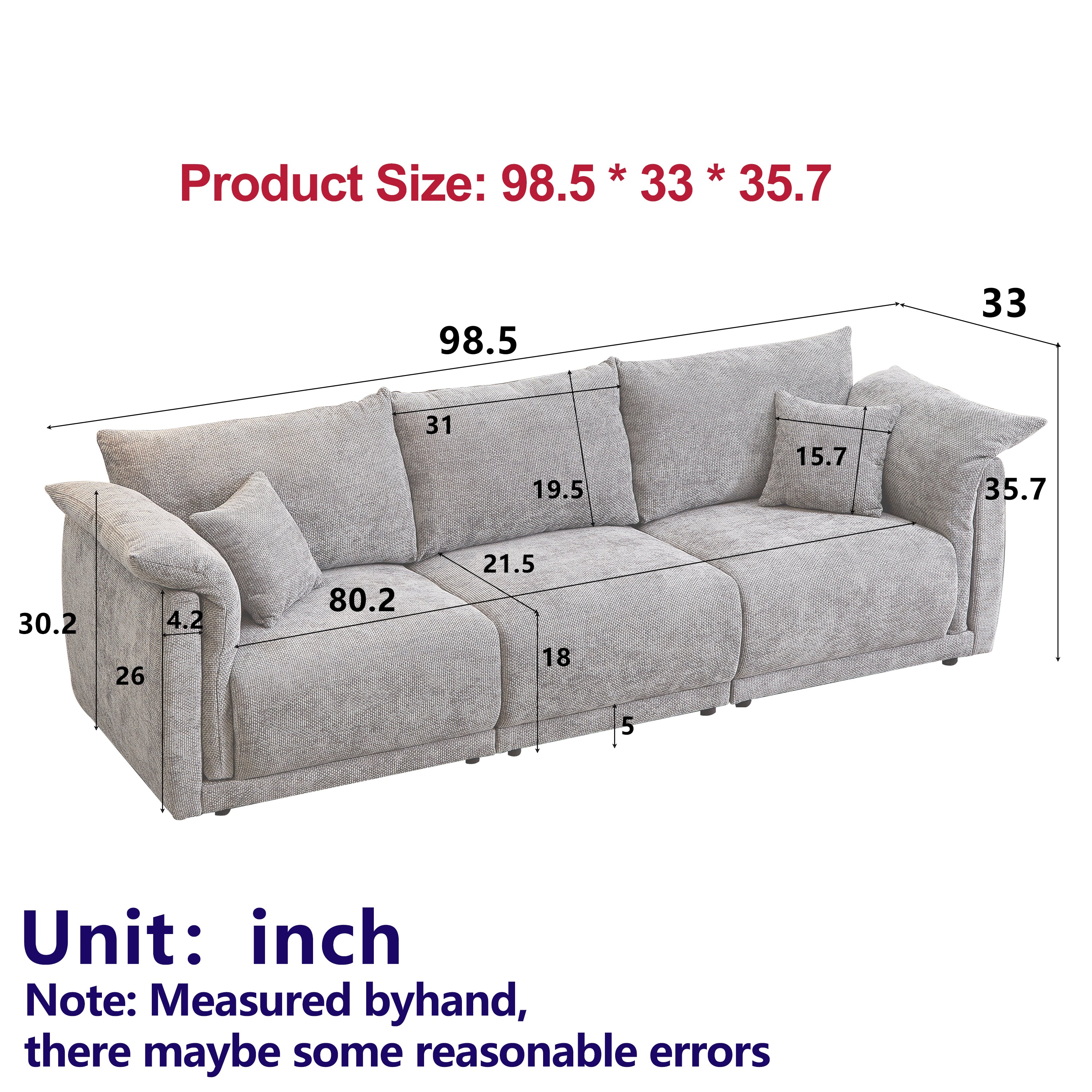 98.5' 3-seater sofa with unique design and soft arm pillows Contemporary style linen sofa with 3 comfortable cushions with 2 pillows Suitable for living room bedroom and office,grey