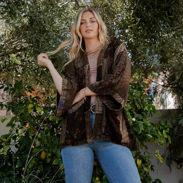 Young Threads Kimono Top in Overdyed Mix N Match Patches