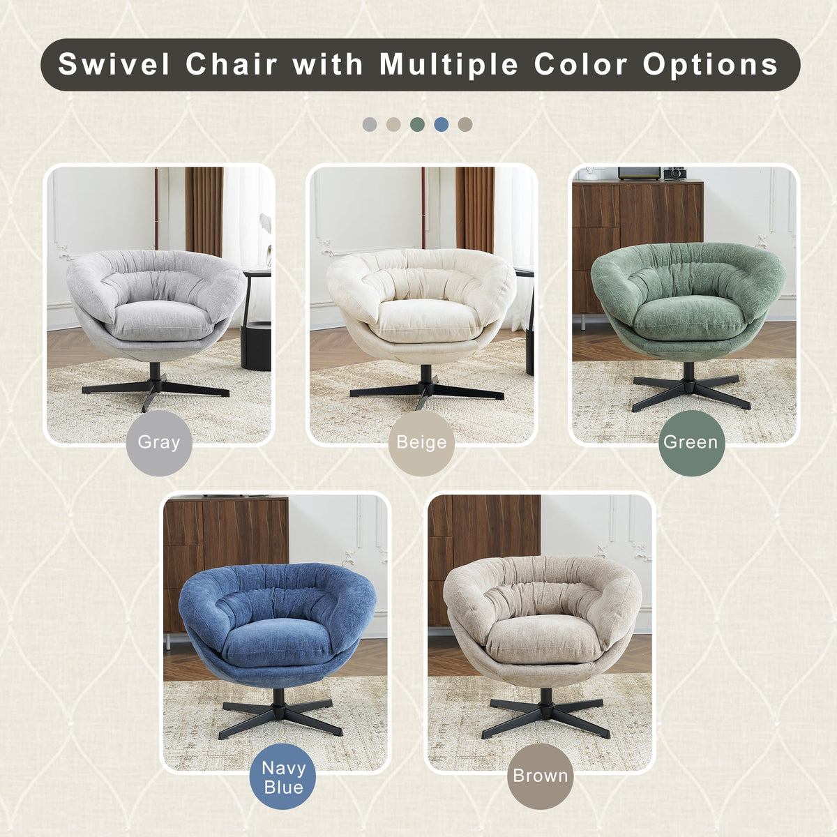 Modern Chenille Office Chair, 360° Swivel Club Chair/Accent Chair with Removable Cushion, Round Office Chair, Black Metal Base, Cotton Material, Living Room, Bedroom, Reading Corner, Office (Green)