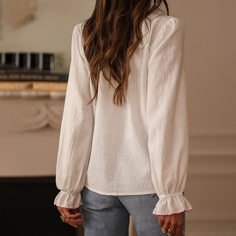 Boho Floral Ruffle Blouse — V-Neck Lantern Sleeve Button-Down Top