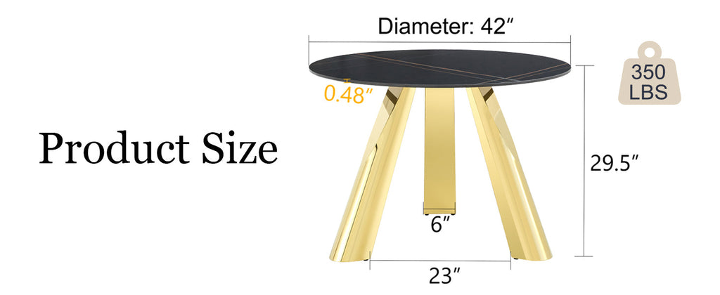 The 42-inch stainless steel gold-plated flamed granite round table with seating for 4 or 6 people is perfect for dining, entertaining, or as a conference table