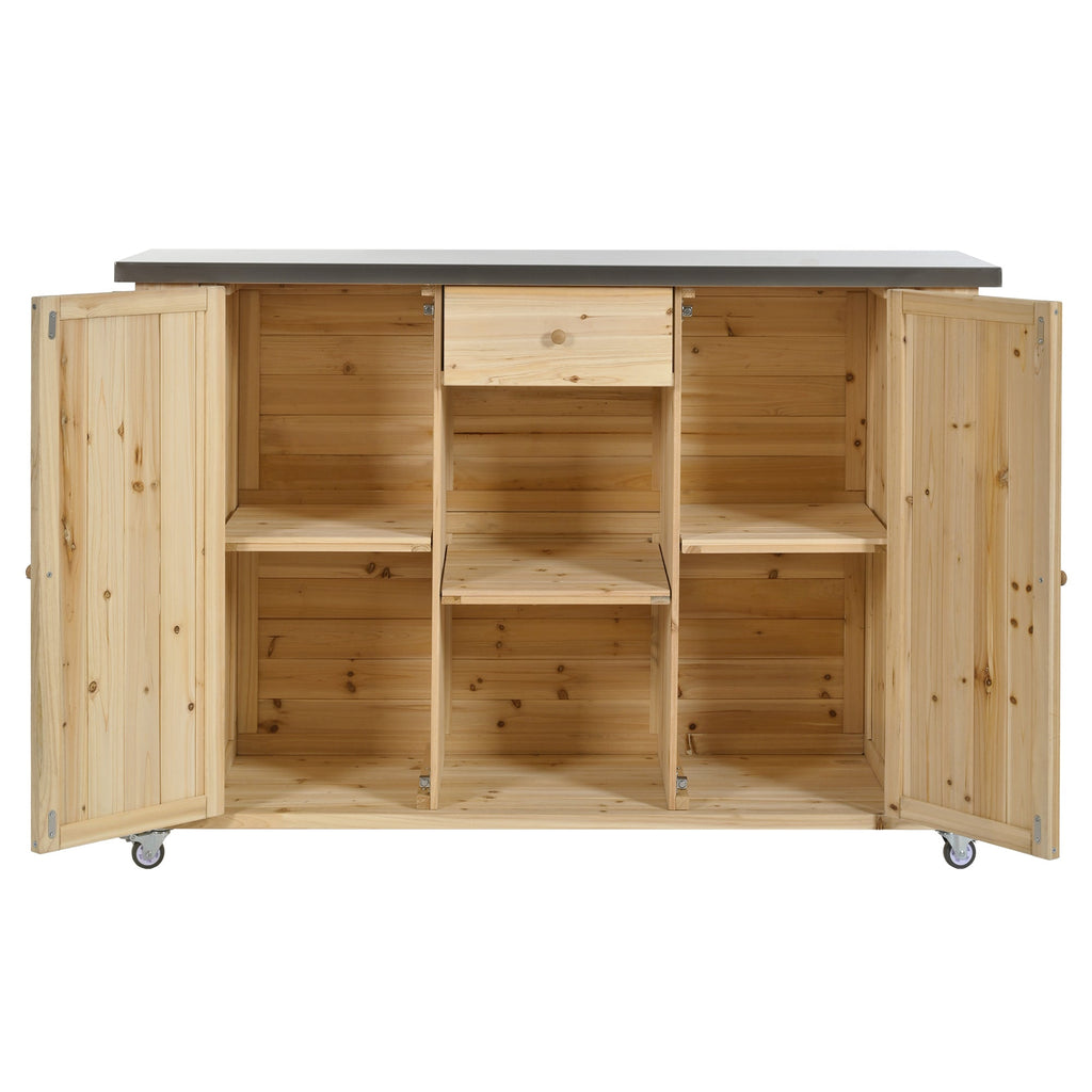 Outdoor Kitchen Island Fir Wood Kitchen Island with Stainless Steel Top, Ample Storage Space, Towel and Spice Racks, Bottle Opener, Natural