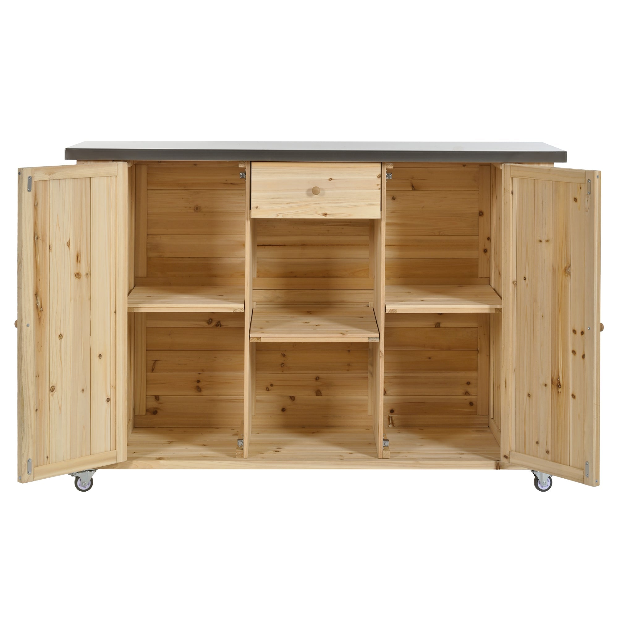 Outdoor Kitchen Island Fir Wood Kitchen Island with Stainless Steel Top, Ample Storage Space, Towel and Spice Racks, Bottle Opener, Natural