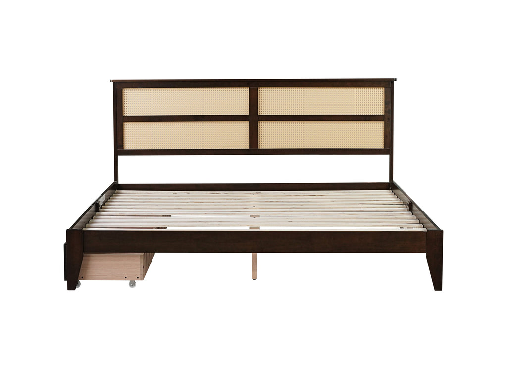 King Size Bed with Rattan Headboard, Two Storage Drawers, Rubber Wood Bed with Enhanced  Support Salts and Feet,Espresso