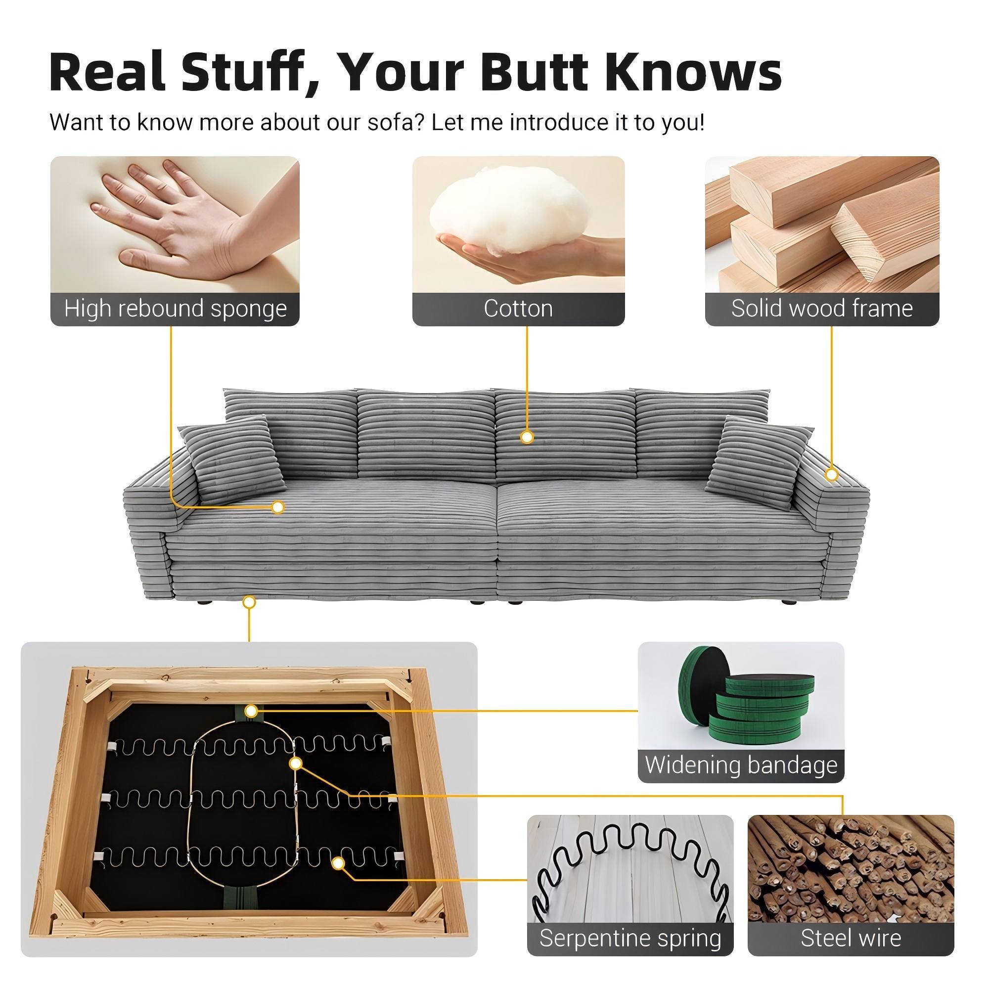 102.4 'Plush Corduroy 4-Seat Sofa,Modern Comfy Upholstered Sofa Cloud Couch,Deep Seat Couches with Soft Pillows and Movable Ottoman,Convertible Sofa Lounge Chair,for Living Room,Apartment,Office,Grey