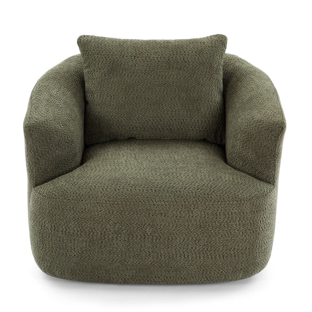 360° Swivel Chair, Chenille Upholstered Barrel Sofa Chair with Throw Pillow, Green, 38.2' for Living Room, Bedroom, Office