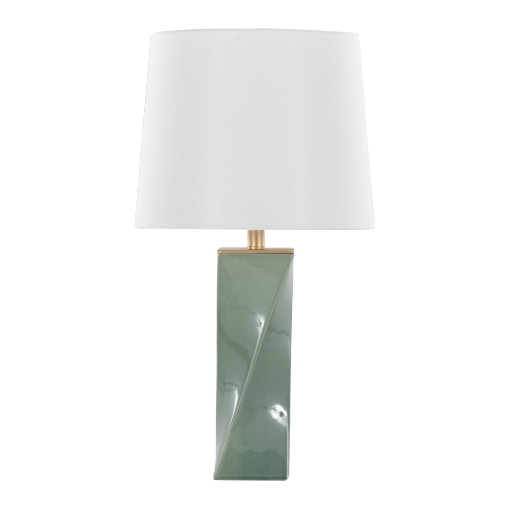 Curvo Square Contemporary 27' Ceramic Table Lamp in Sage Green Ceramic, Gold Metal, and White Linen by LumiSource