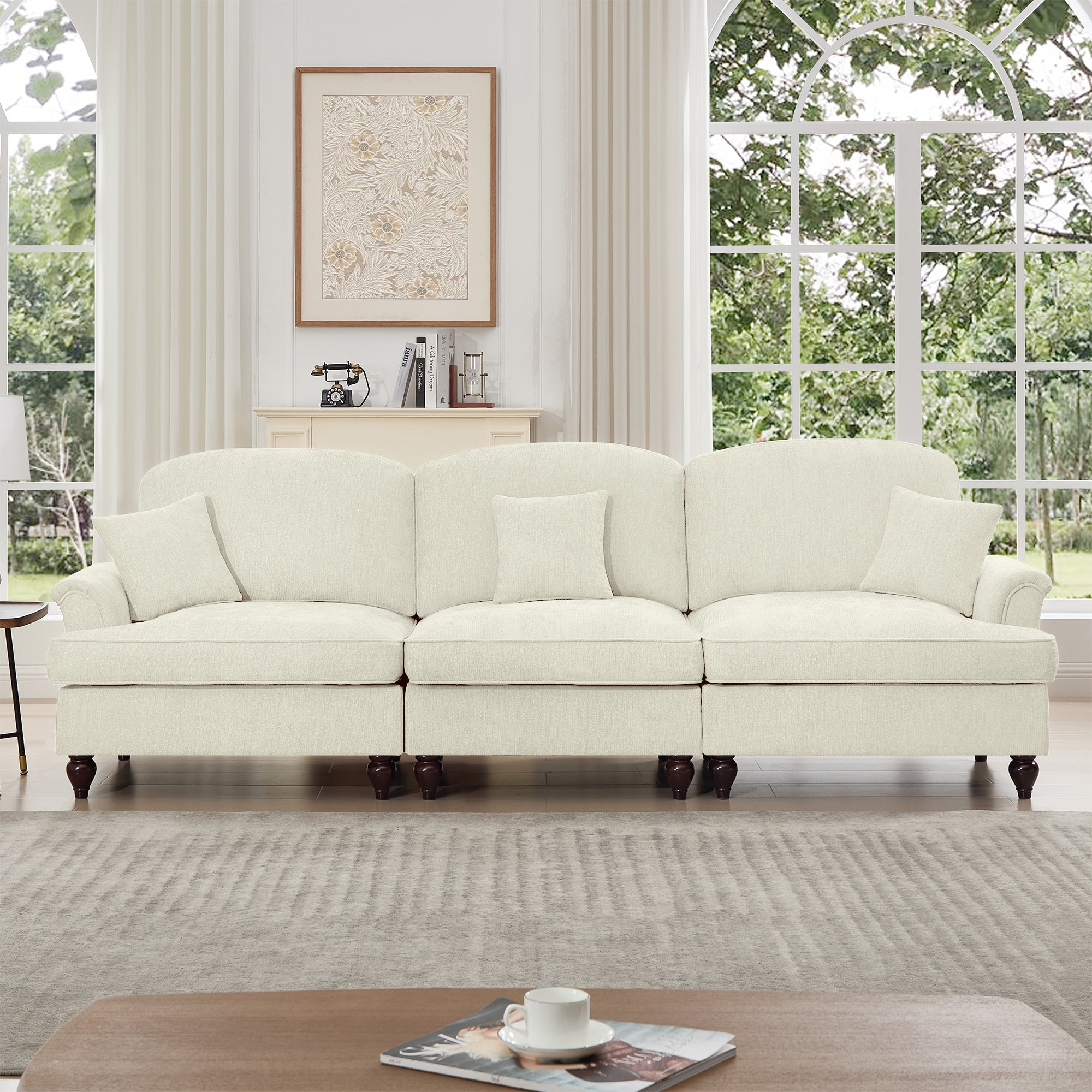 Elegant Mid Century Large 3 Seater Sofa Couch with Flared Arms and Removable Ruffles Pleats Skirts and Spindle Legs, Comfy Chenille Three-Seat Sofa for Living Room, Beige White