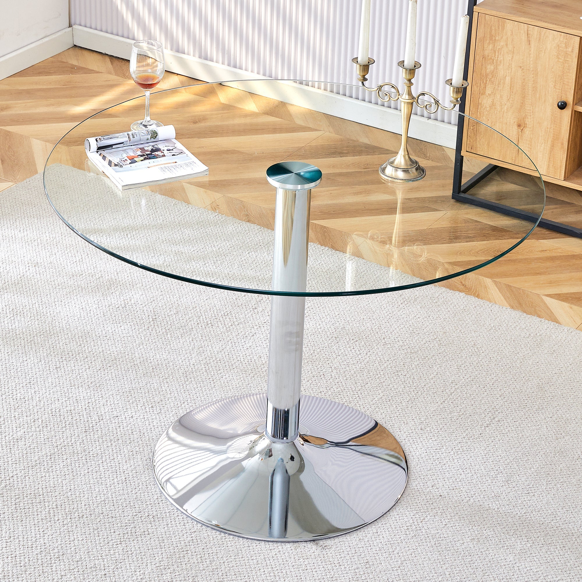 Modern Minimalist Circular Dining Table with Glass Top and Electroplated Silver Metal Legs for Restaurants and Living Rooms