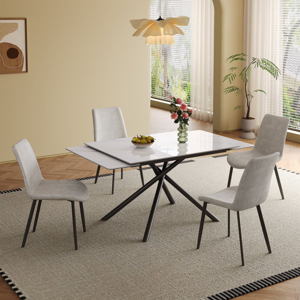 Modern Retractable Sintered Stone Dining Table with Black Carbon Steel Legs, White, 83 Inches for 6-8 Seats