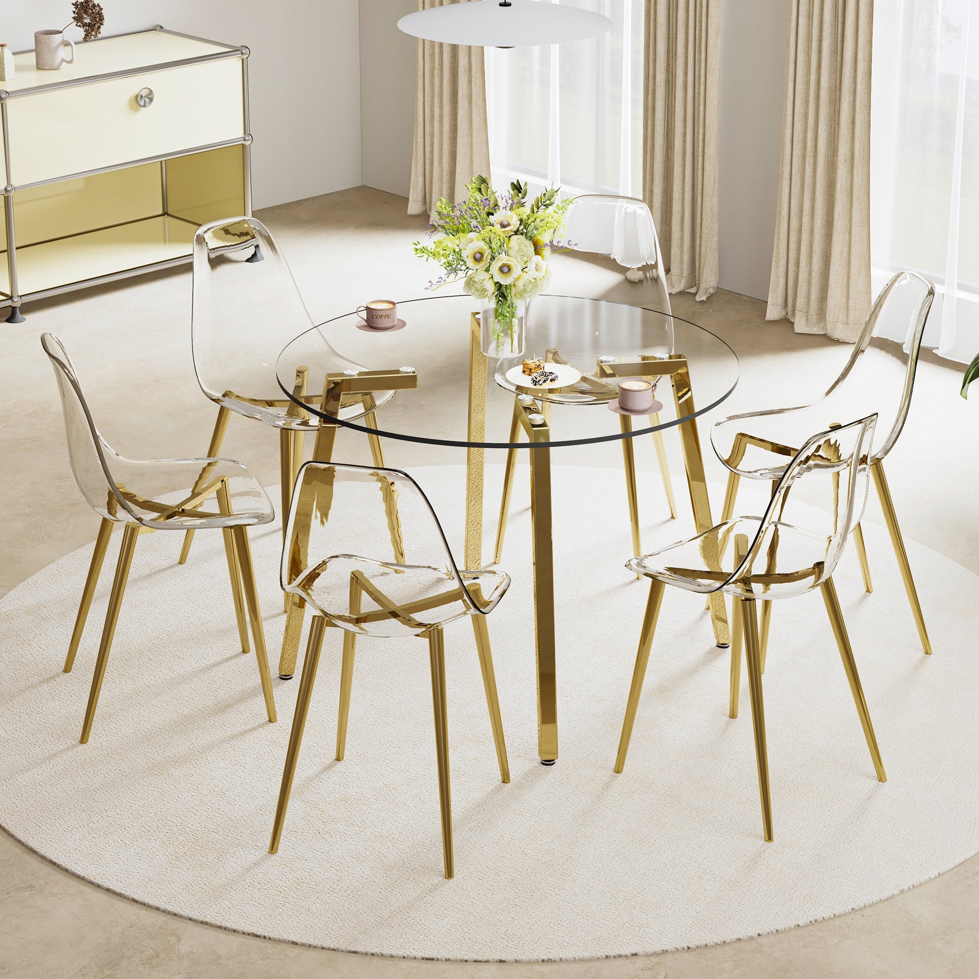 Modern minimalist style circular transparent tempered glass table, tempered glass tabletop, golden metal legs, suitable for kitchen, dining room, and living room, 42 '* 42' * 29.5 '1123r