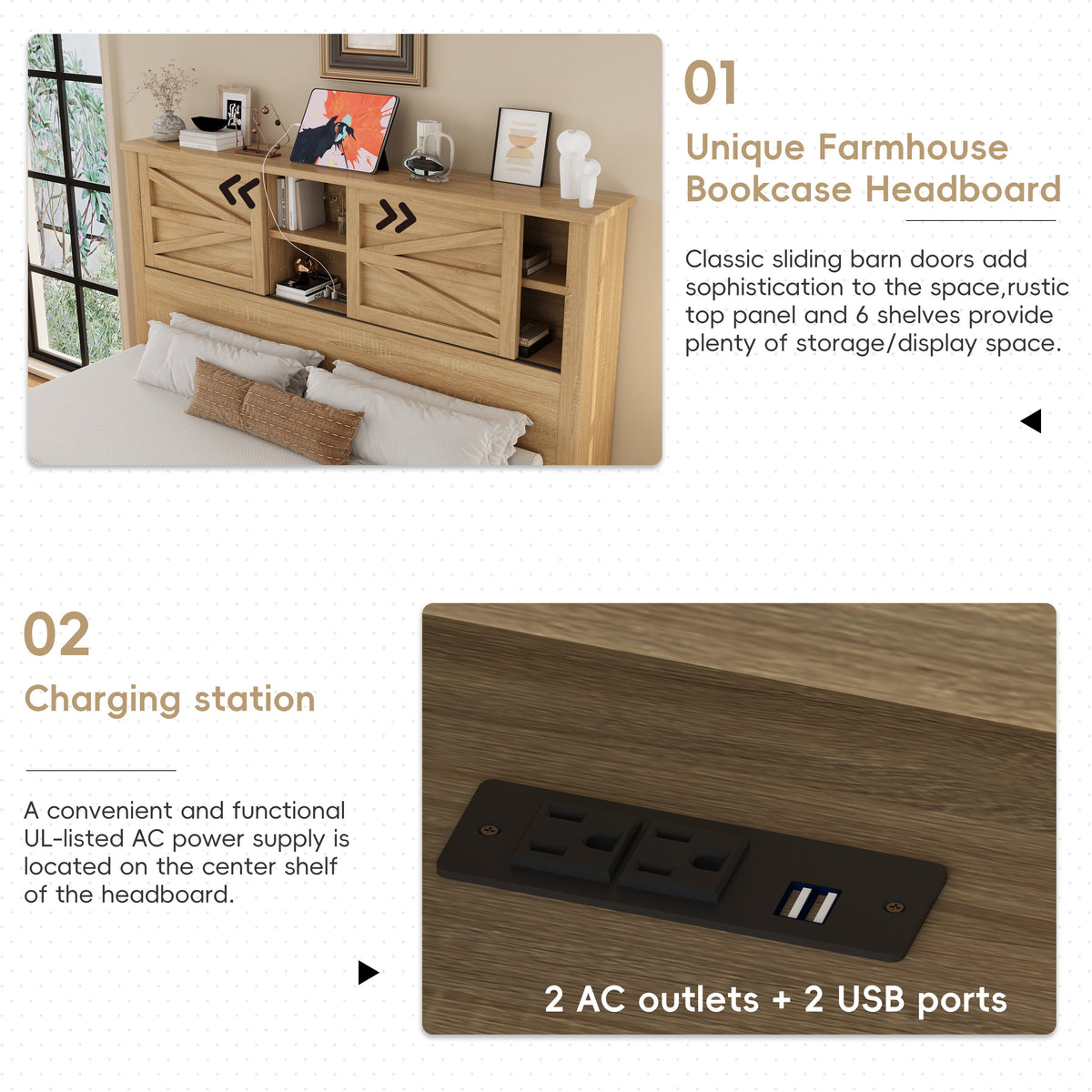 3-Pieces Bedroom Sets Full Size Farmhouse Platform Bed with Double Sliding Door Storage Headboard and Charging Station, Storage Nightstand and Dresser, Natural
