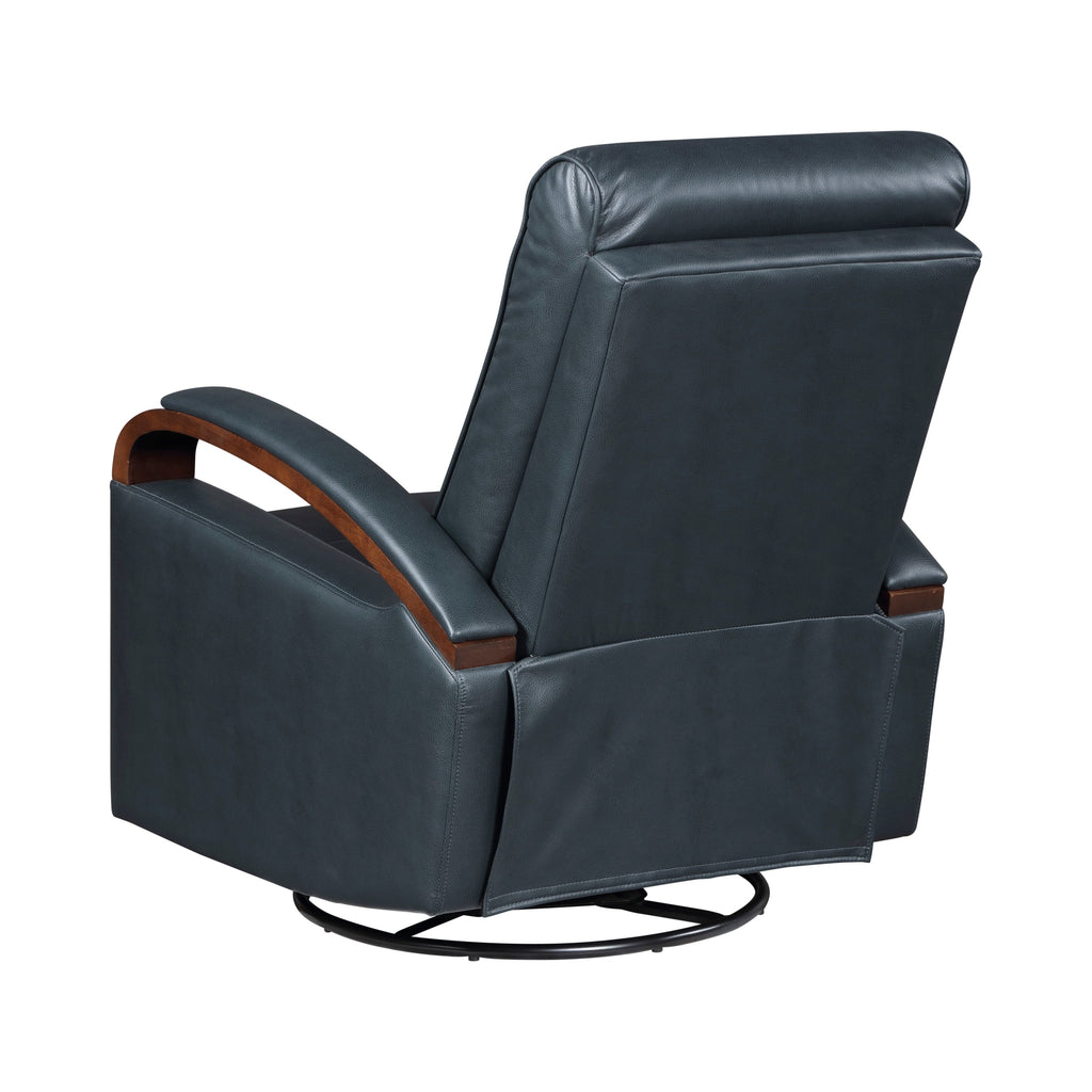 1pc Swivel Gliding Recliner Faux Leather Upholstered Solid Rubberwood Arms Luxurious Living Room Furniture, Navy