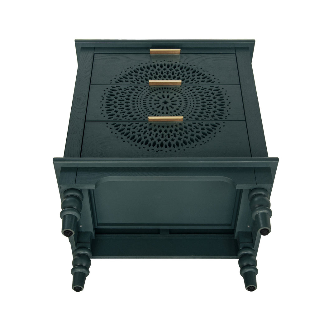 Blackish Green Hollow-Carved 3-Drawer Dresser with Metal Handles, MDF Storage Chest for Living Room or Bedroom