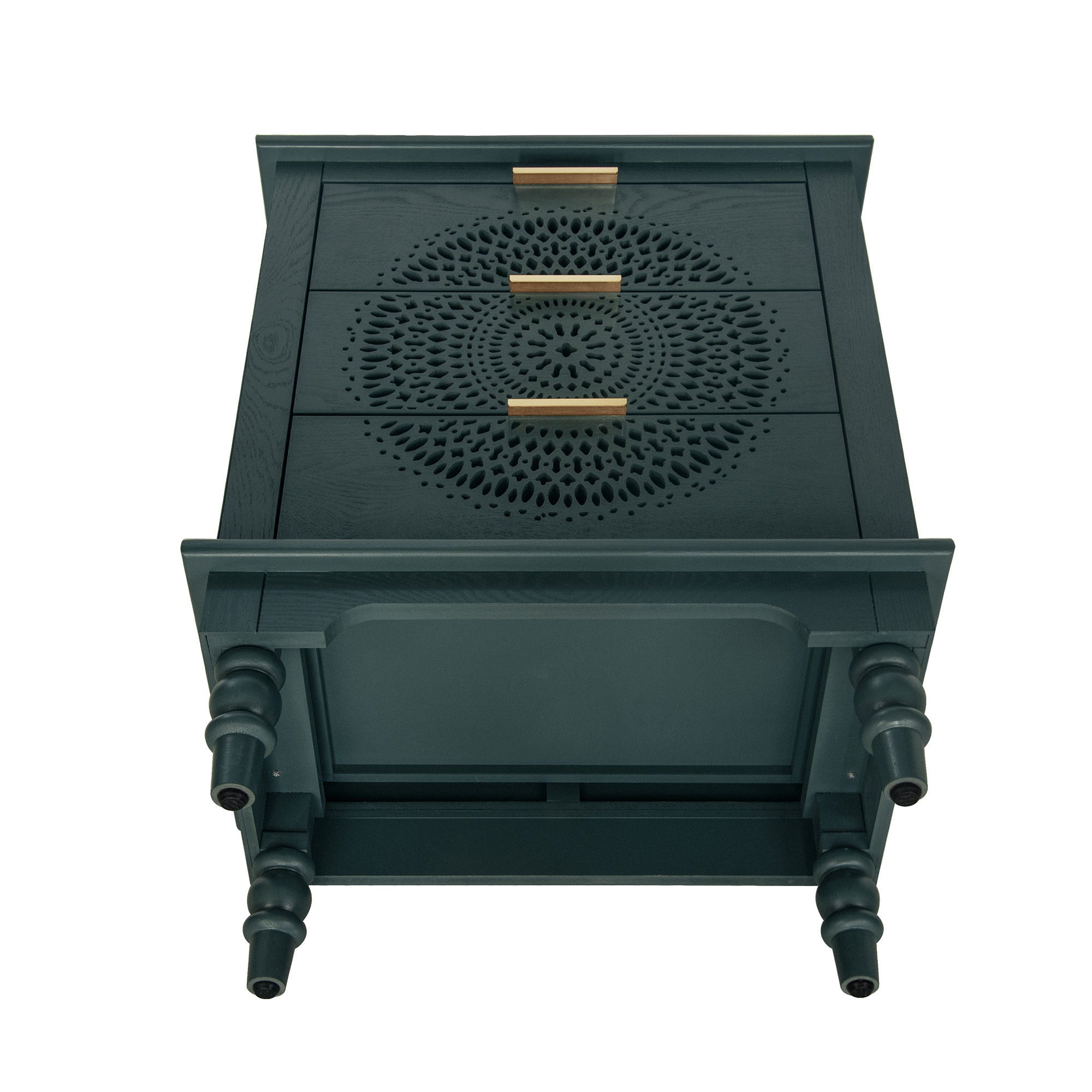 Blackish Green Hollow-Carved 3-Drawer Dresser with Metal Handles, MDF Storage Chest for Living Room or Bedroom