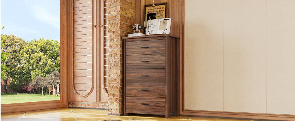 4PCS Bedroom Sets, Wooden Queen Size Bed Frame with Storage Headboard and Charging Station, 2 Nightstands with 2 Drawers, 1 Dresser with 5 Drawers, Walnut(old SKU HL000102AAD)