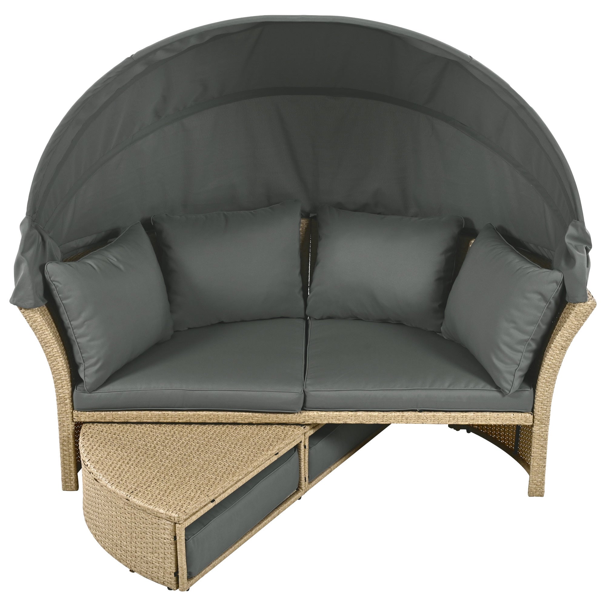 Outdoor Patio Daybed Wicker Rattan Double Daybed with Retractable Canopy, Grey, Polyester Upholstery, 71.7 x 63.4 x 62.2 inches