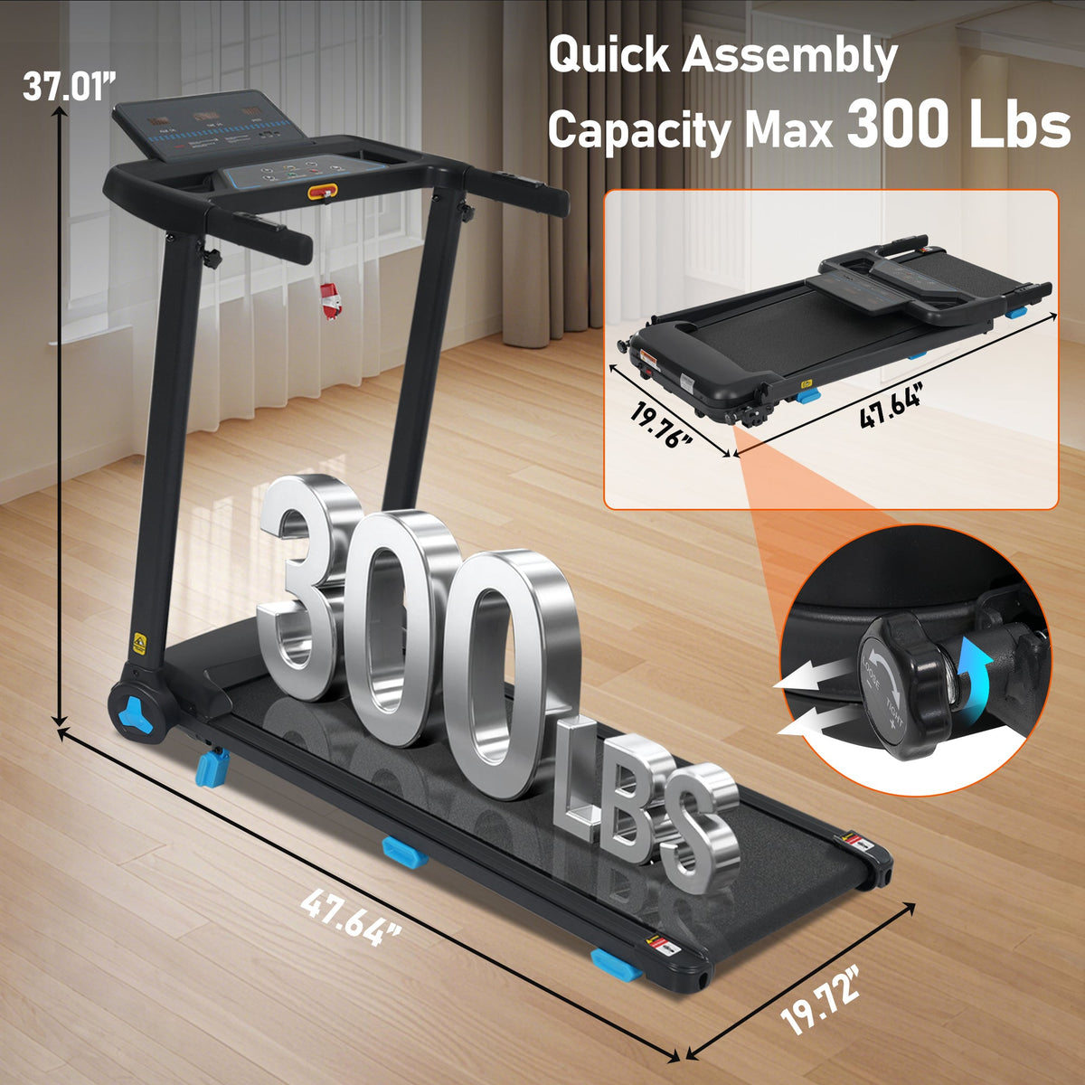 Folding Treadmills for Home Small, 3.0HP Portable Treadmill with 8% Incline,10MPH Walking Pad with Incline, 300 LBS Walking Pad Treadmills with Bluetooth, Heart Rate Sensors,Charge Station