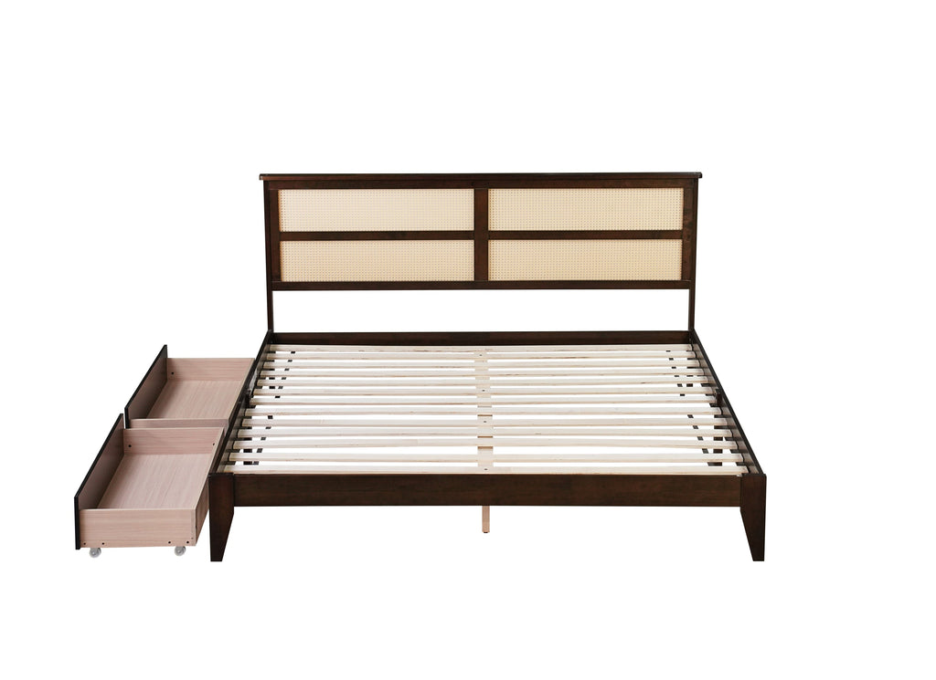 King Size Bed with Rattan Headboard, Two Storage Drawers, Rubber Wood Bed with Enhanced  Support Salts and Feet,Espresso