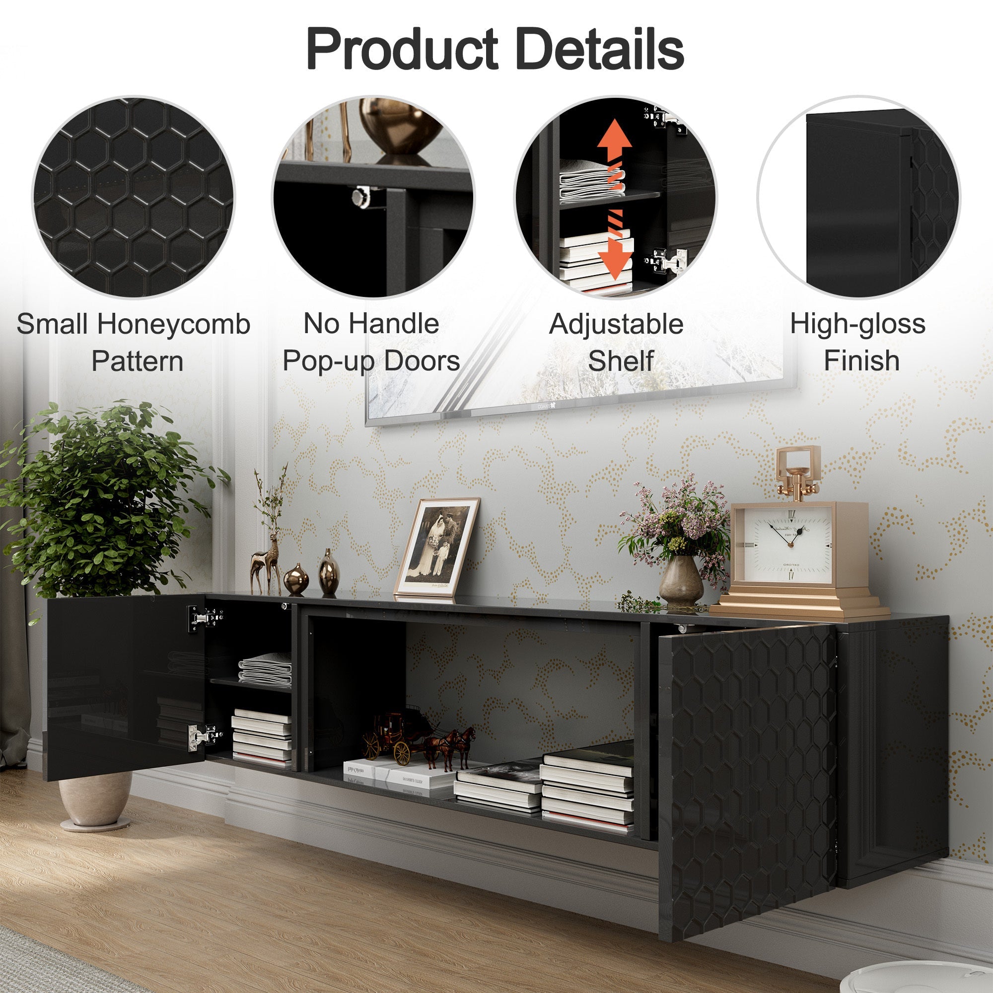 Floating TV Wall Mount Stand for 80 Inch TVs - Sturdy Wood Console, High Weight Capacity & Hidden Cable Management, Contemporary Style (Black)