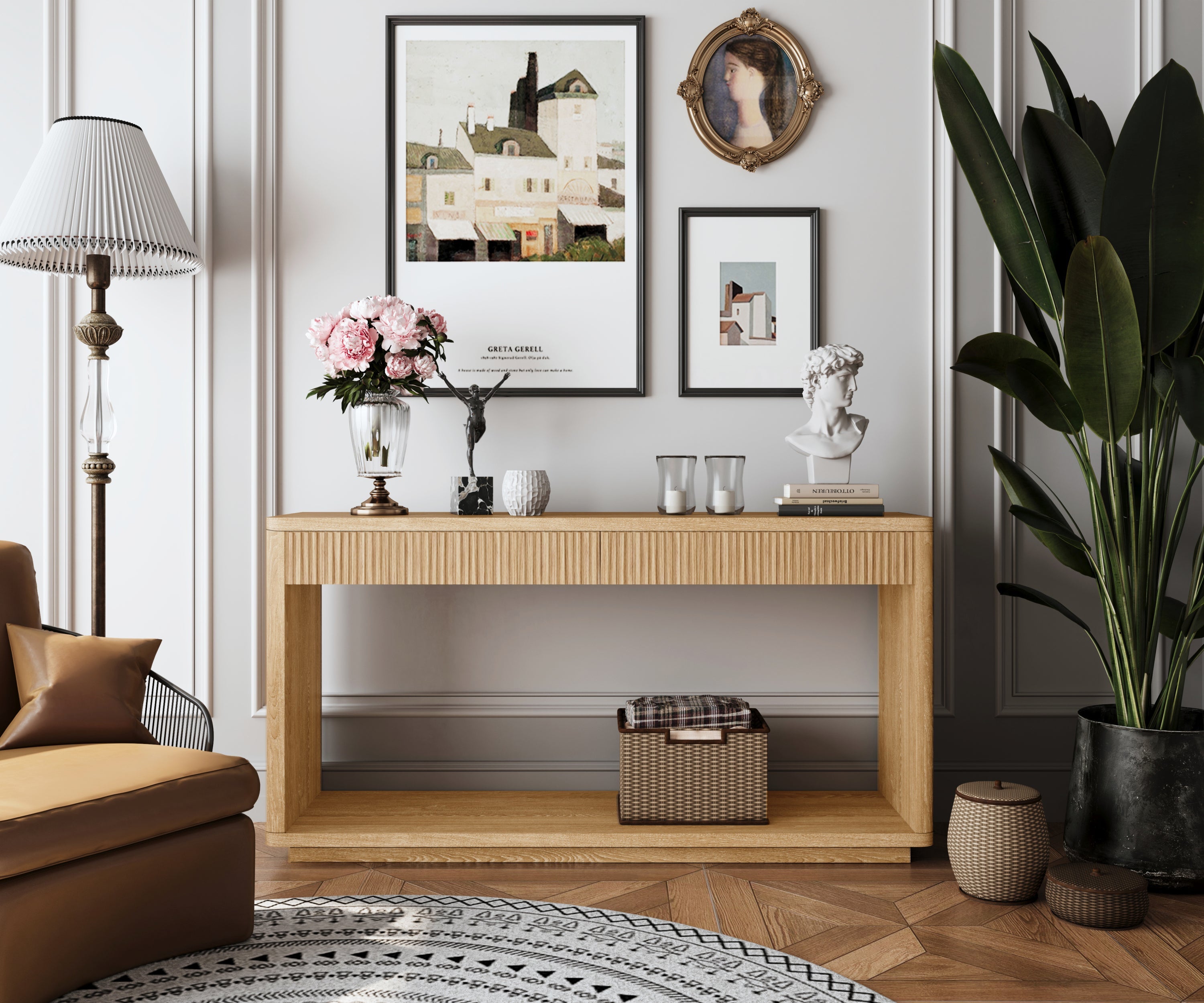 60' Modern 2-Drawer Fluted Console Table Natural Wood Veneer Sofa Table Behind Couch Table for Living Room, Hallway, Entryway, Home Office, Natural Wood