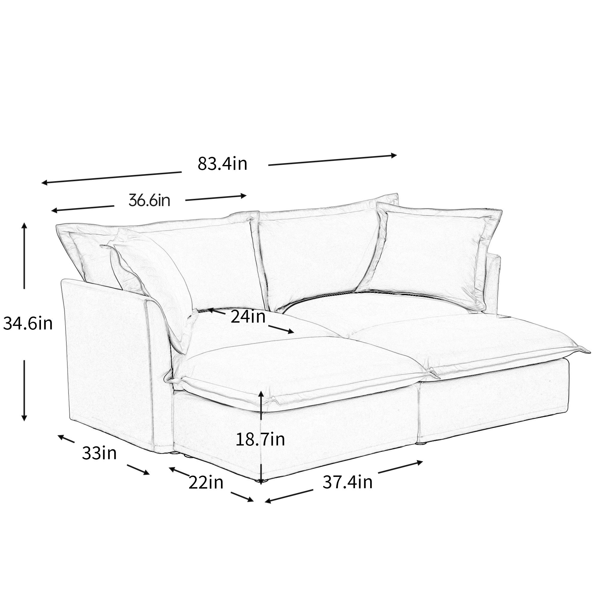Slipcovered Sofa 2 Seater Sofa    With 2 Ottomans, 2 Seater Sleeper Sofa Bed Home Theater Oversized Sofa For Living Room, Chenille, Cream