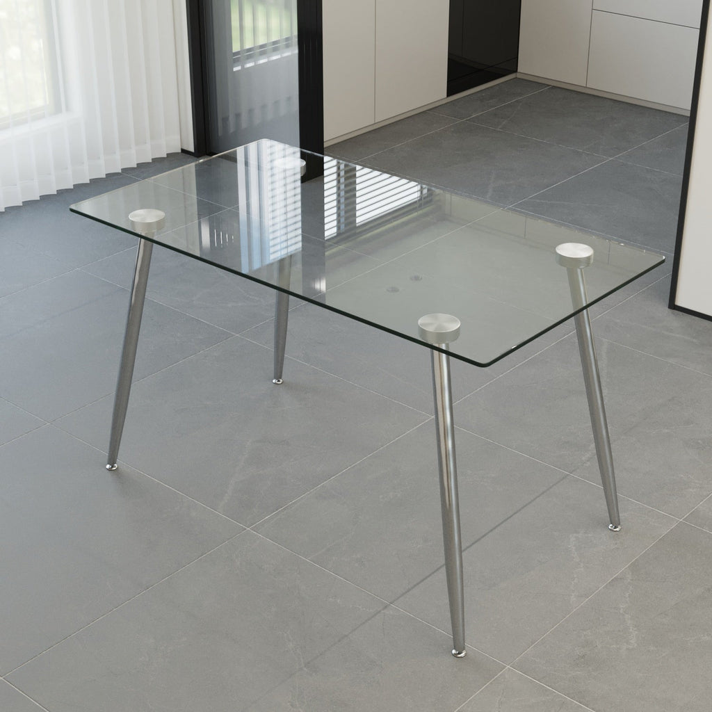 Glass Dining Table, Modern Rectangular Table with Tempered Glass Tabletop & Sliver metal Legs, Simplistic Kitchen Table, Versatile Table for Home Office (0 damage)