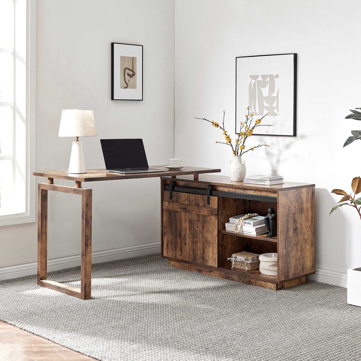 Desk L-shaped Workstation Home Office attached storage credenza sliding barn door finished on the back reversible Distressed Wood