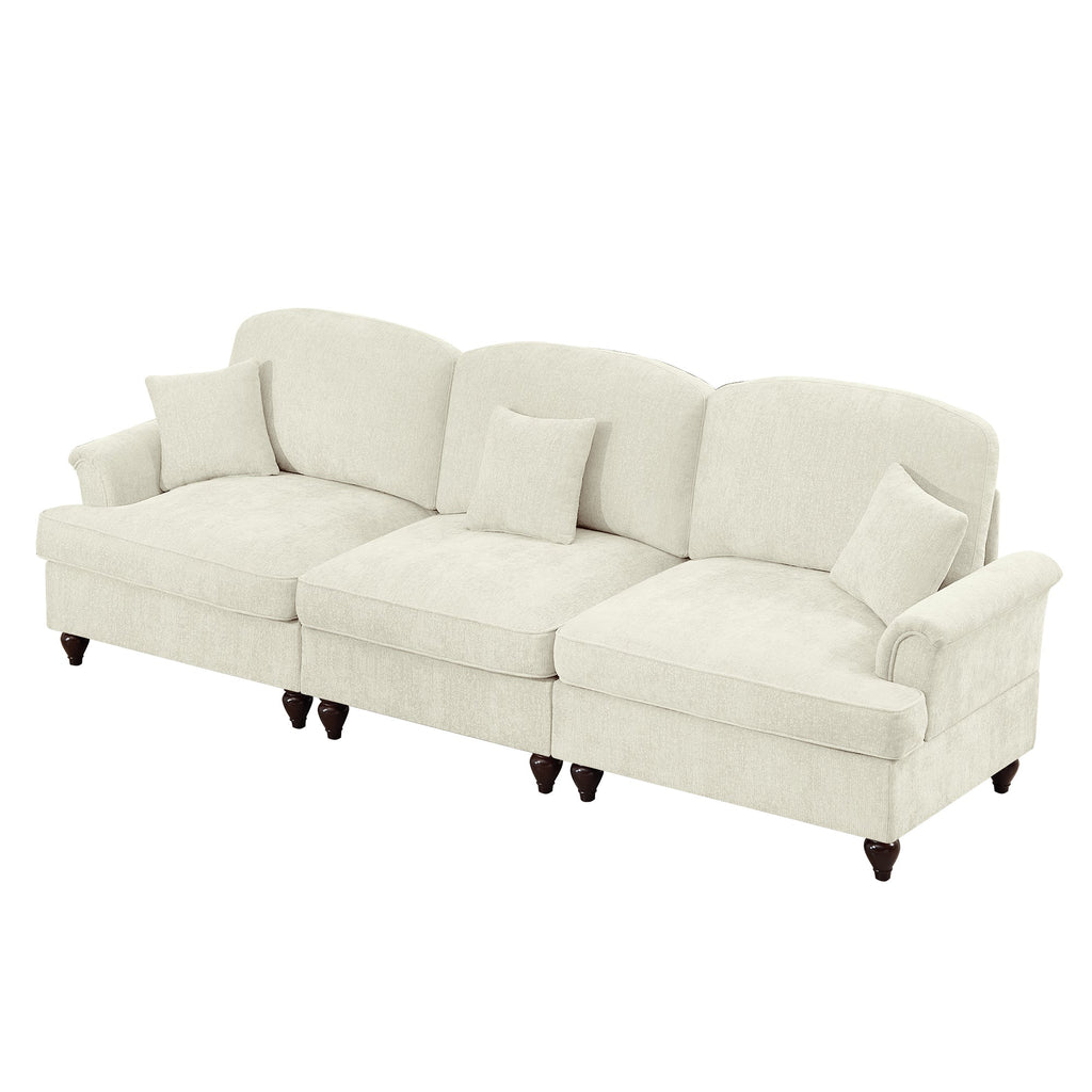 Elegant Mid Century Large 3 Seater Sofa Couch with Flared Arms and Removable Ruffles Pleats Skirts and Spindle Legs, Comfy Chenille Three-Seat Sofa for Living Room, Beige White
