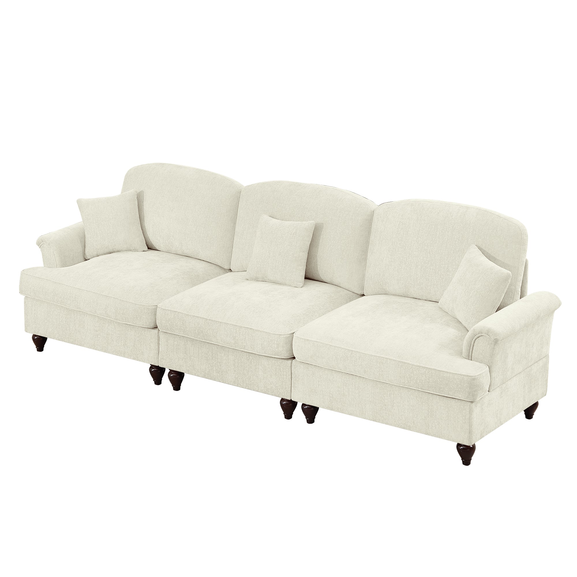 Elegant Mid Century Large 3 Seater Sofa Couch with Flared Arms and Removable Ruffles Pleats Skirts and Spindle Legs, Comfy Chenille Three-Seat Sofa for Living Room, Beige White