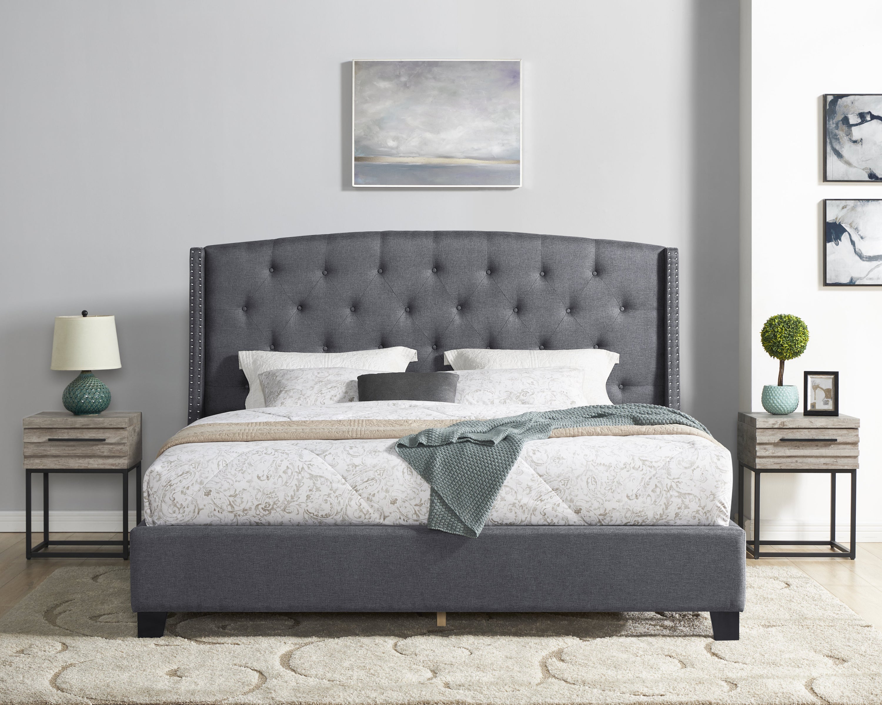 Belize 3-Piece Upholstered Bedroom Set, Tufted Wingback Bed with Two Gray Nightstands