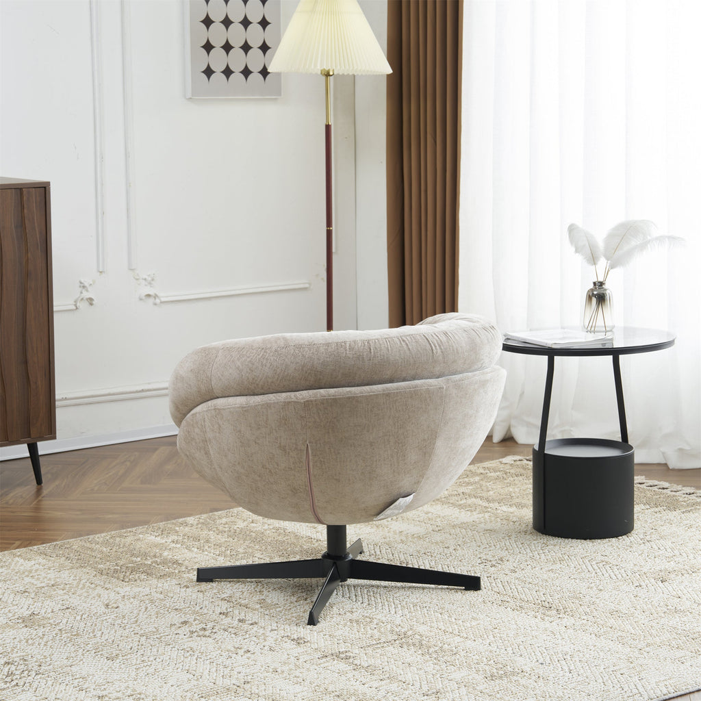 Modern Chenille Office Chair, 360° Swivel Club Chair/Accent Chair with Removable Cushion, Round Office Chair, Black Metal Base, Cotton Material, Living Room, Bedroom, Reading Corner, Office (Brown)