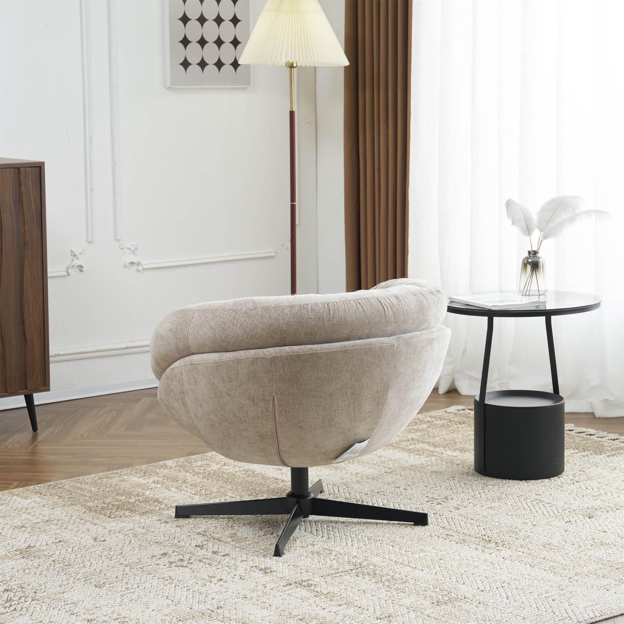 Modern Chenille Office Chair, 360° Swivel Club Chair/Accent Chair with Removable Cushion, Round Office Chair, Black Metal Base, Cotton Material, Living Room, Bedroom, Reading Corner, Office (Brown)