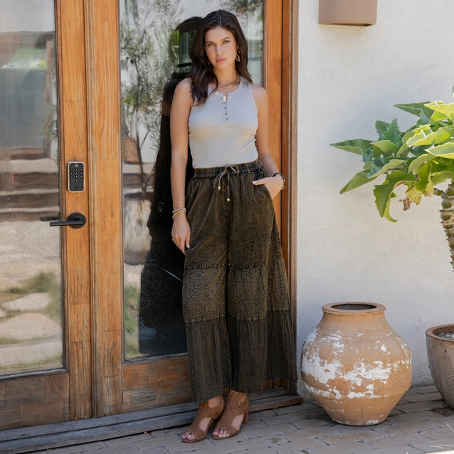 Young Threads Boho Tiered Patch Inserted Denim & Knit Pants