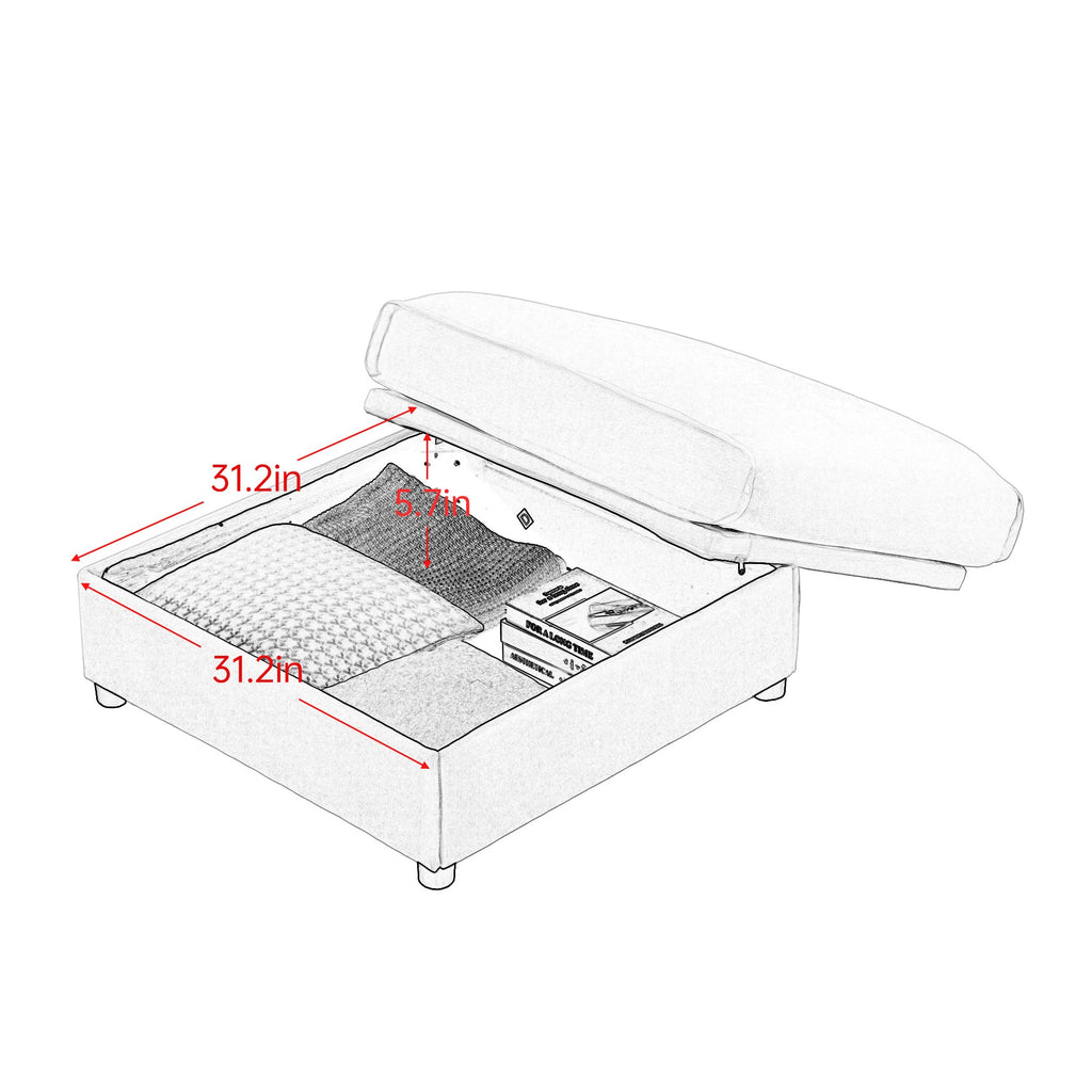 Elegant Green Chenille  Sofa with Storage Seat and Ottoman, U-Shaped 3-Seater Cylindrical Backrest and Armrests, Contemporary 3-Seater Fabric Couch with Hidden Storage Compartment