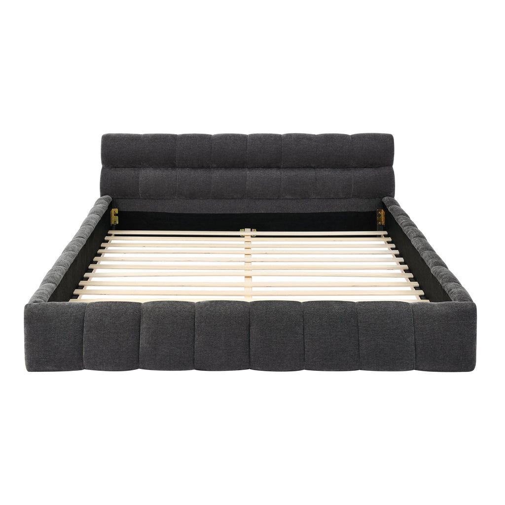 Modern Queen Size Platform Bed Frame with Thick Chenille Fabric in Dark Grey, Upholstered with Headboard