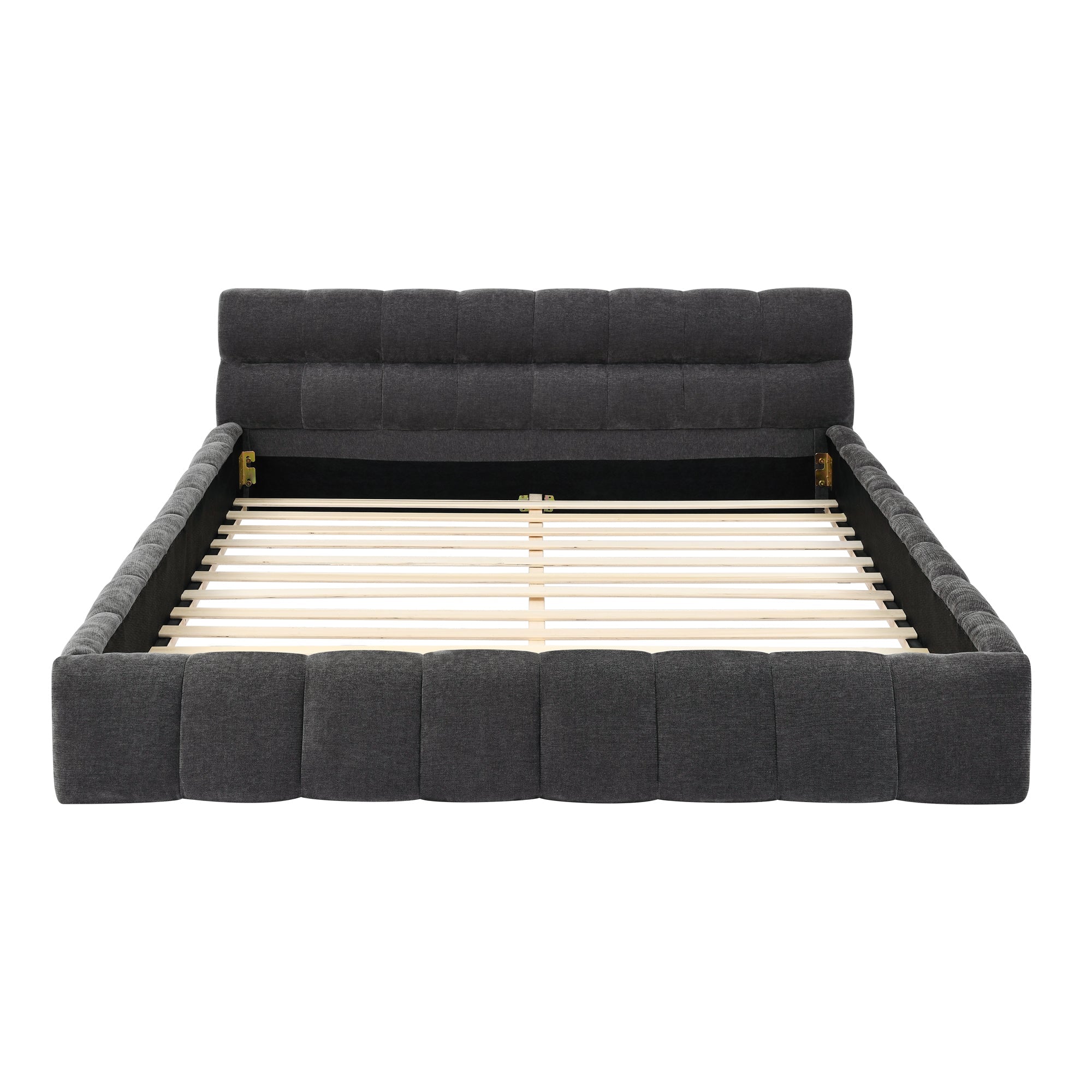 Modern Queen Size Platform Bed Frame with Thick Chenille Fabric in Dark Grey, Upholstered with Headboard