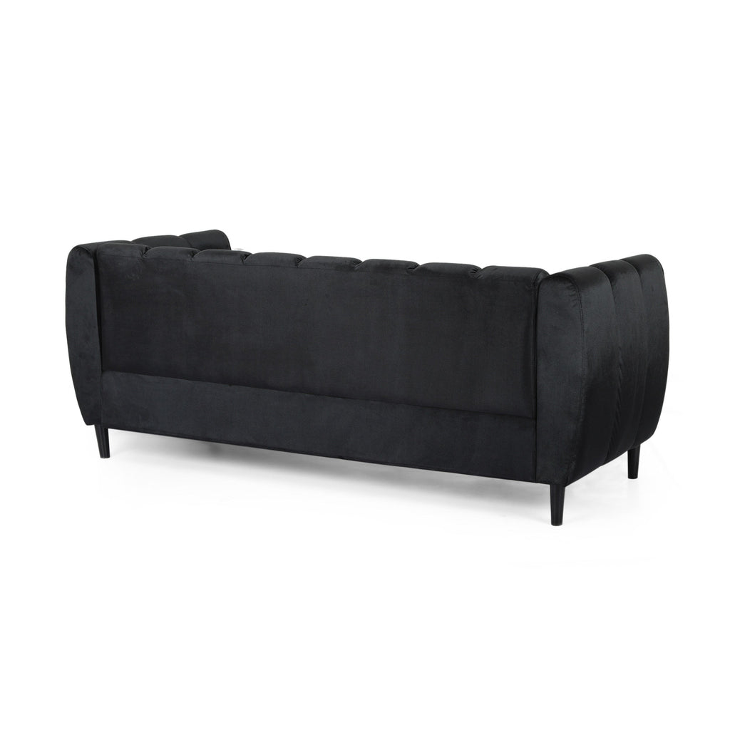 Miranda Modern Glam Velvet 3-Seater Sofa in Black with Birch Wood Legs