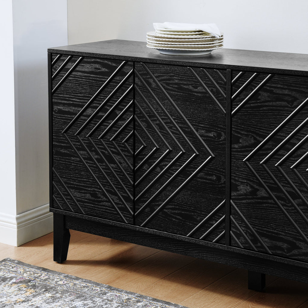 60.5'' Buffet Cabinet with Storage, Farmhouse Fluted Sideboard with Geometric Pattern & Adjustable Shelves, Mid Century Modern TV Stand for Living Room Kitchen Dining Room Entryway, Black