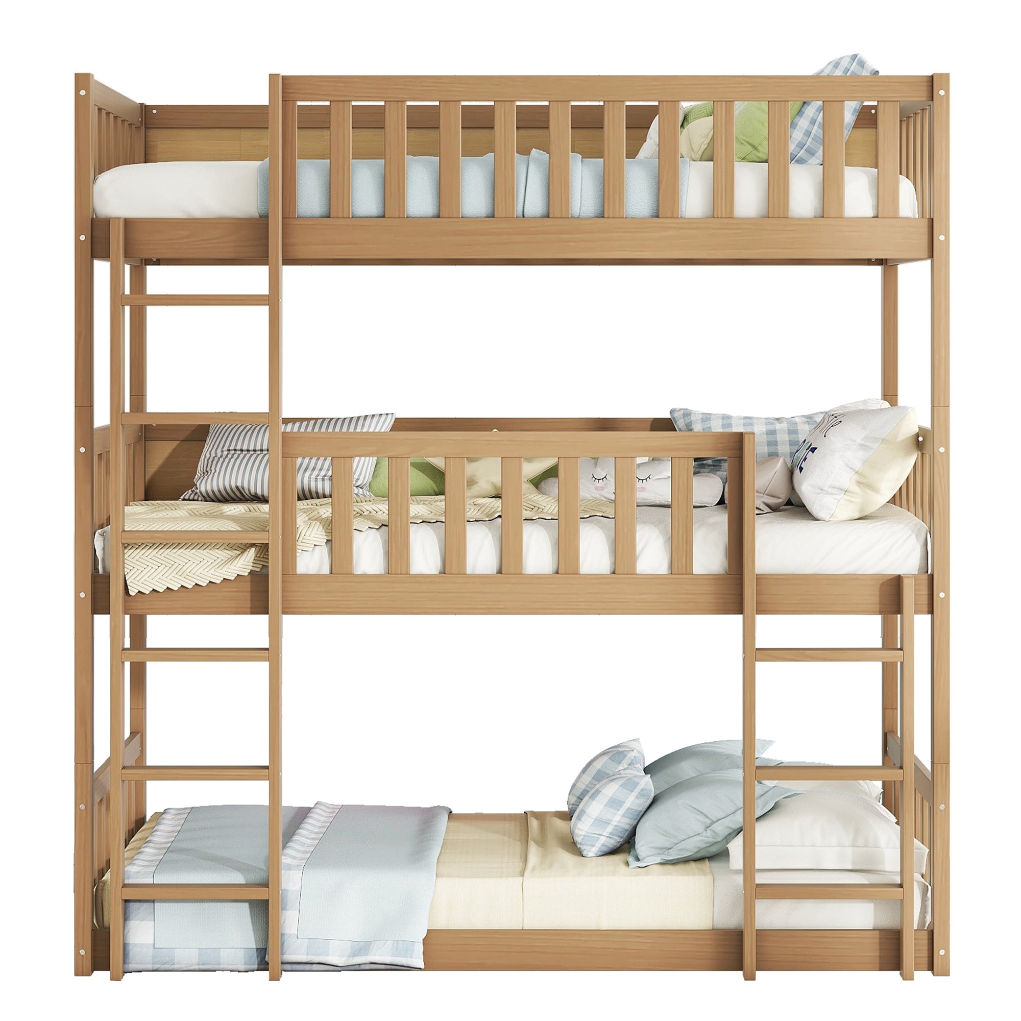 Twin Size Triple Rubber Wood Bunk Bed, with Ladders, Guardrails Detachable Bunk Bed, Twin over Twin over Twin,Natural
