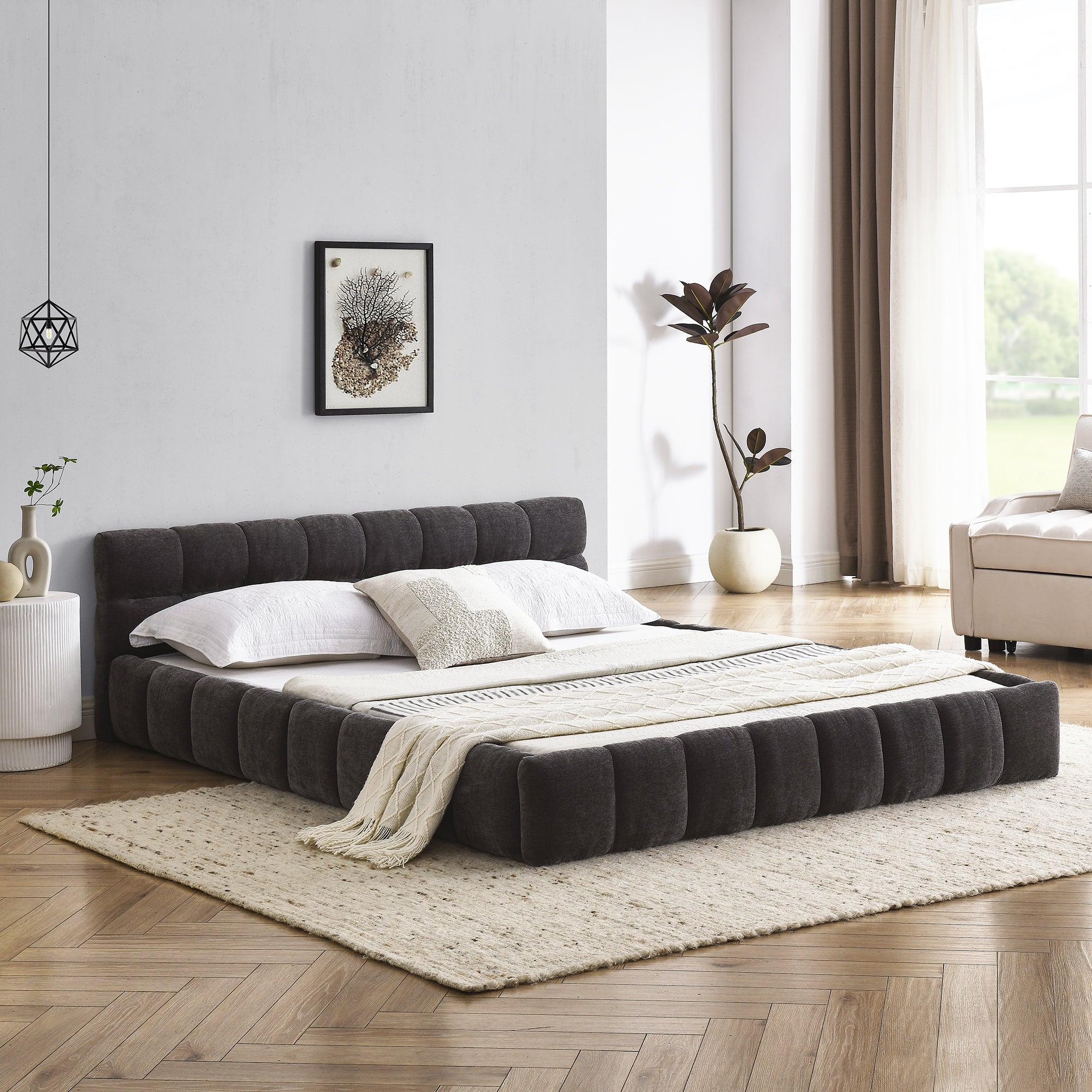 Modern Queen Size Platform Bed Frame with Thick Chenille Fabric in Dark Grey, Upholstered with Headboard