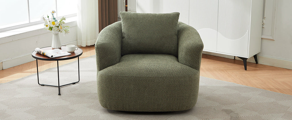 360° Swivel Chair, Chenille Upholstered Barrel Sofa Chair with Throw Pillow, Green, 38.2' for Living Room, Bedroom, Office