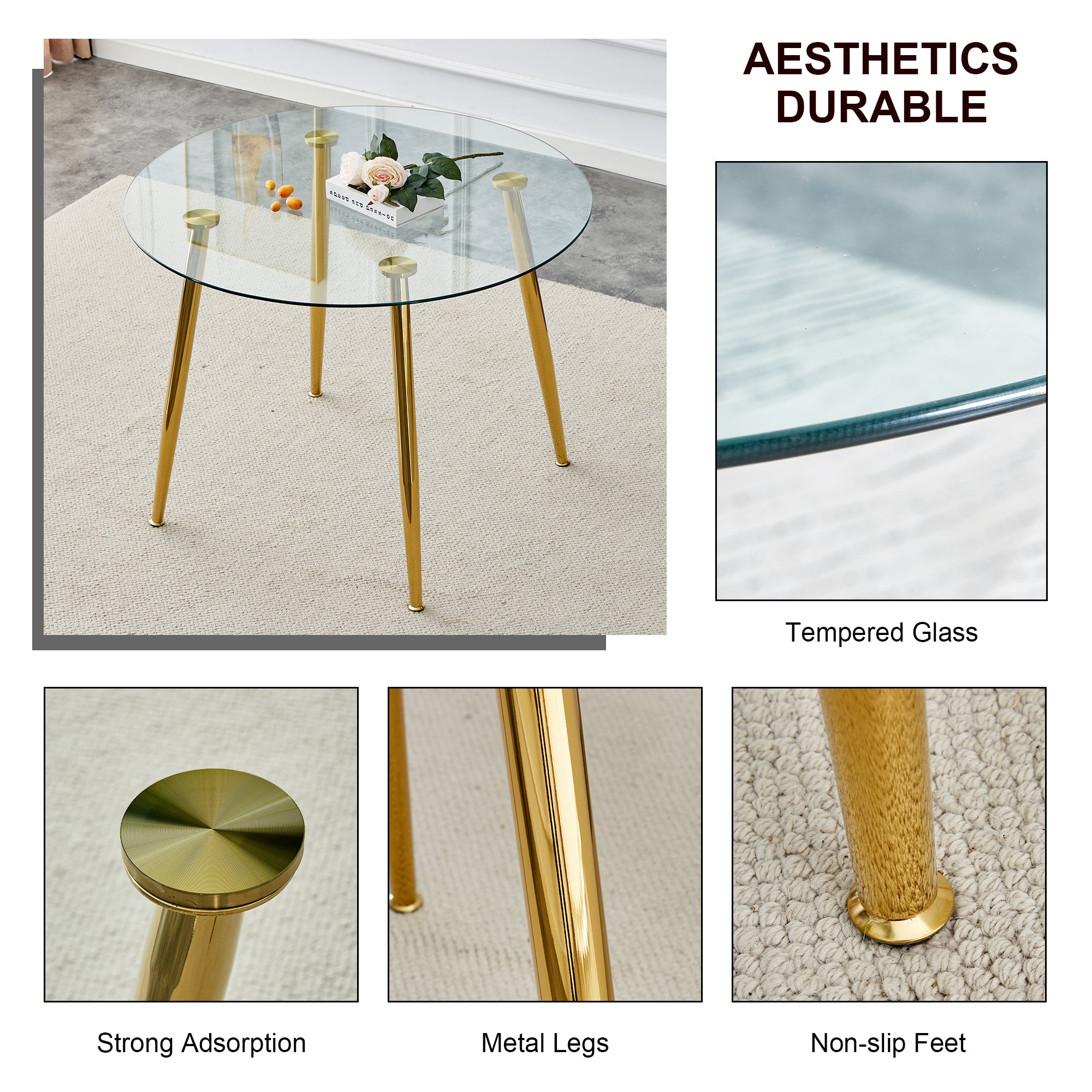A glass tabletop with a diameter of 40 inches and a modern minimalist circular dining table with gold plated metal legs. 40 '* 40' * 30 ' DT-1164.W1151S00375
