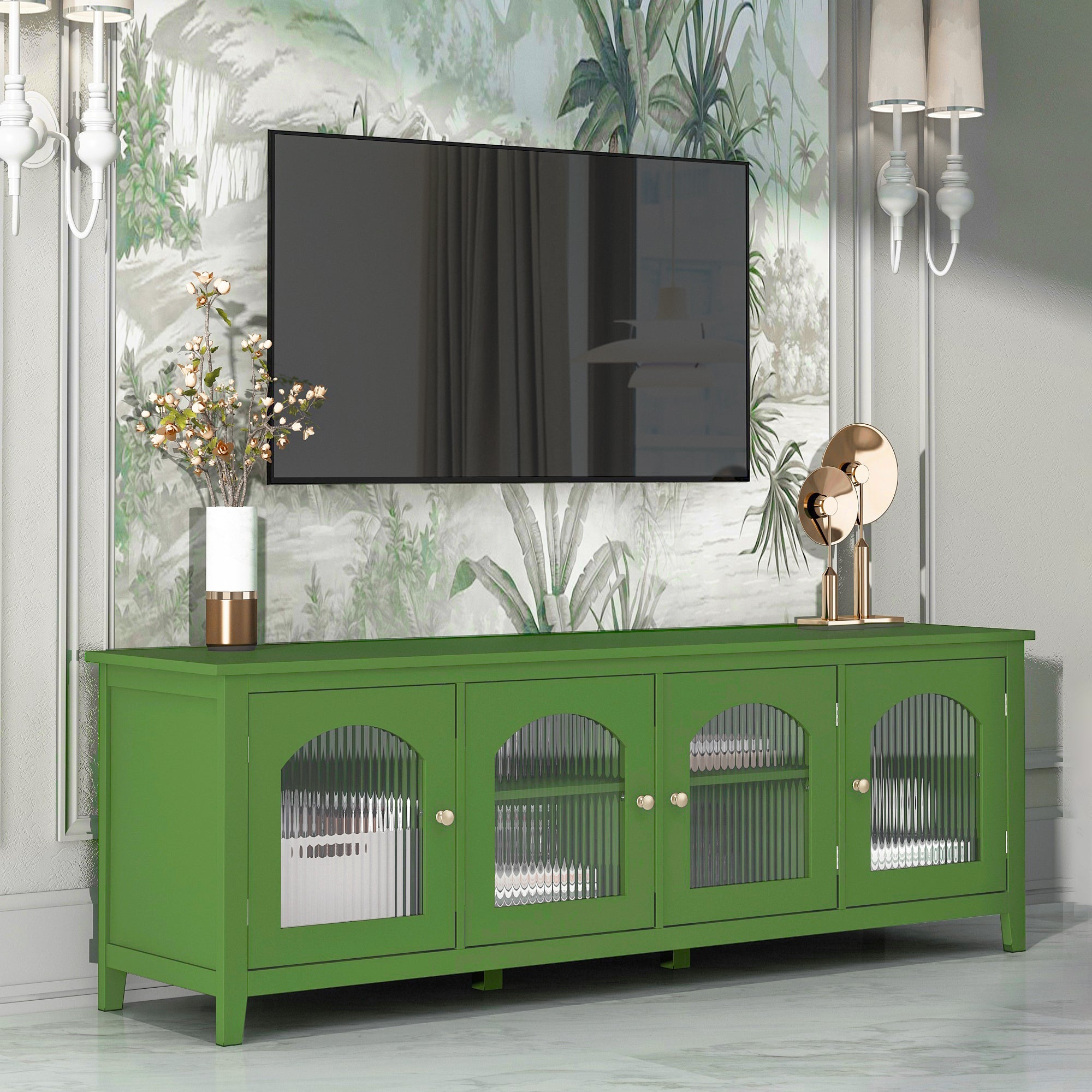 Stylish Antique Green TV Cabinet with Solid Wood Frame and Changhong Glass Door, 71-inch