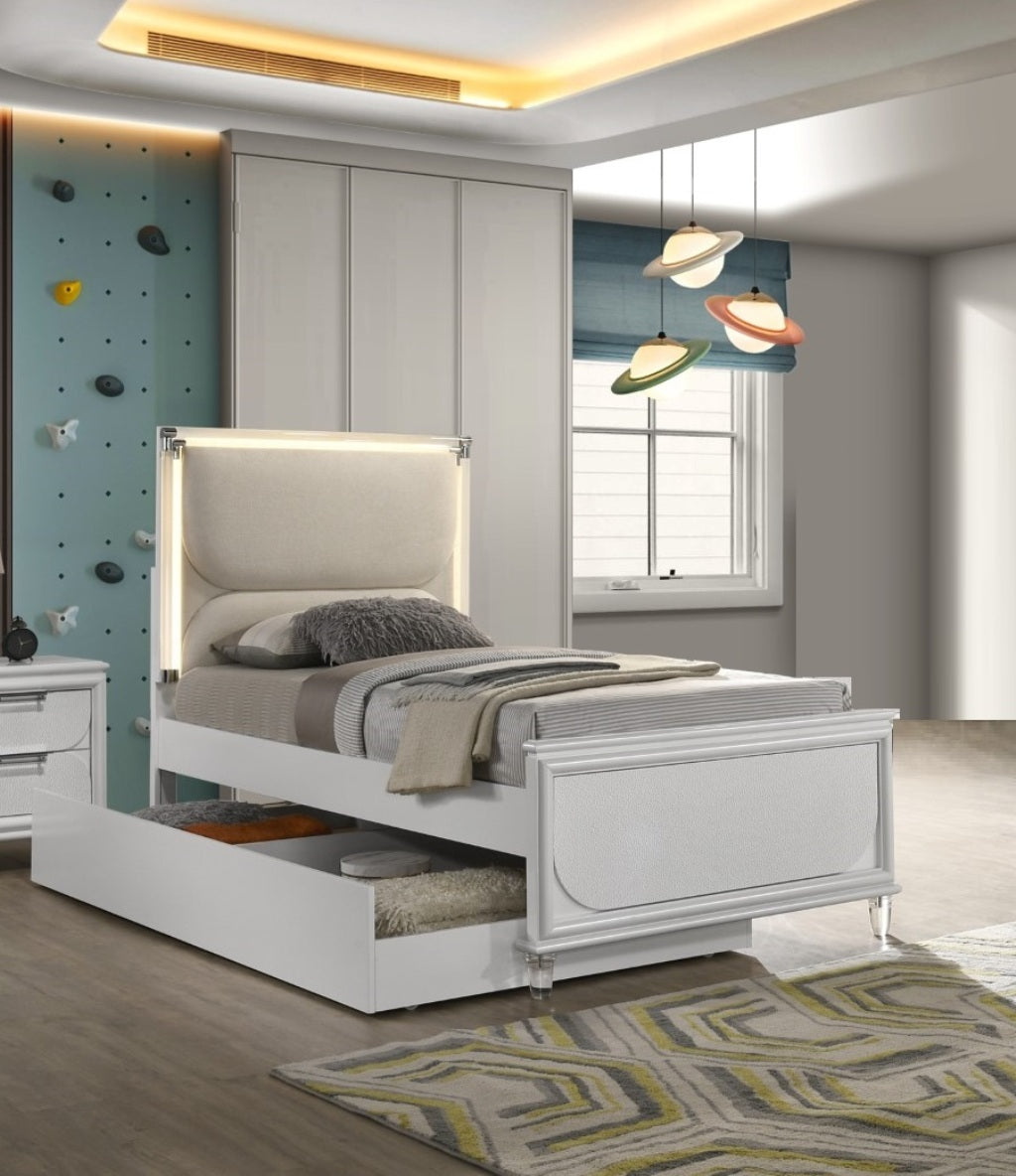 Contemporary Glam Pearl White Full Size Bed W Trundle 2x Nightstands Embossed Panel 3pc Bedframe Bedroom Furniture