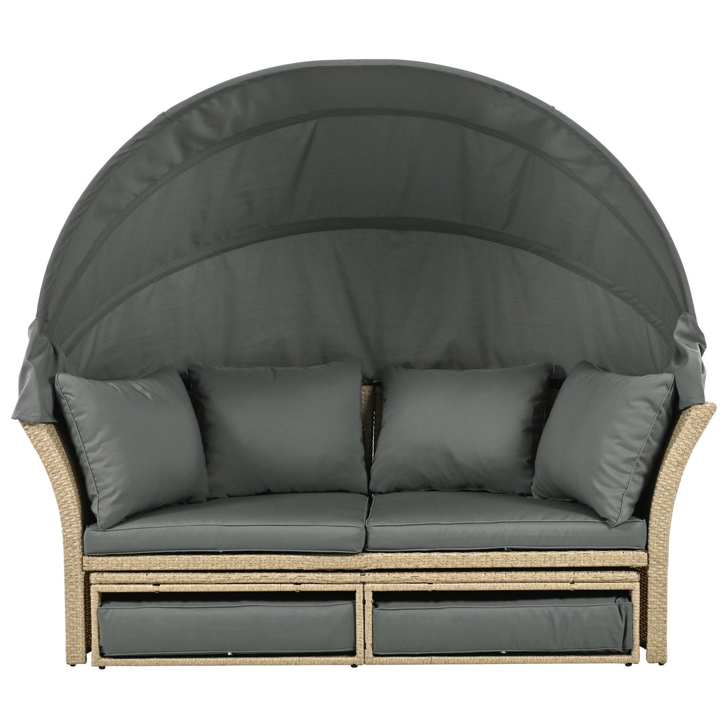 Outdoor Patio Daybed Wicker Rattan Double Daybed with Retractable Canopy, Grey, Polyester Upholstery, 71.7 x 63.4 x 62.2 inches